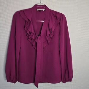 Kasper Purple Ruffle Tie Neck Blouse Small Long Sleeve Career Office Polyester